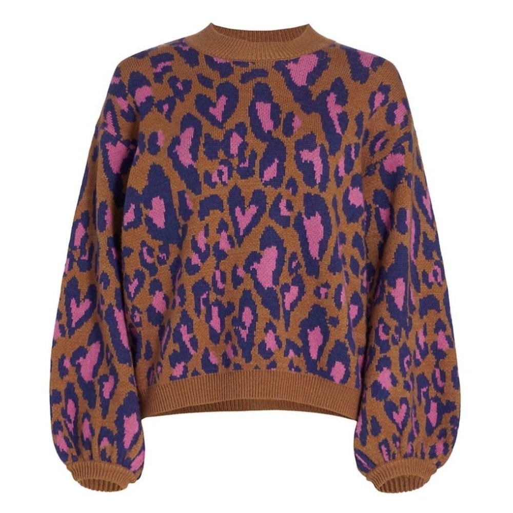 Farm Rio Caramel Leopard Pop Sweater Small *FLAW on inside*